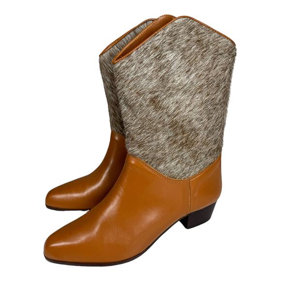 Vintage Jordache Western Boots 8.5 Tan Leather Fur Mid Calf Cowboy Boho Rodeo - Picture 1 of 9